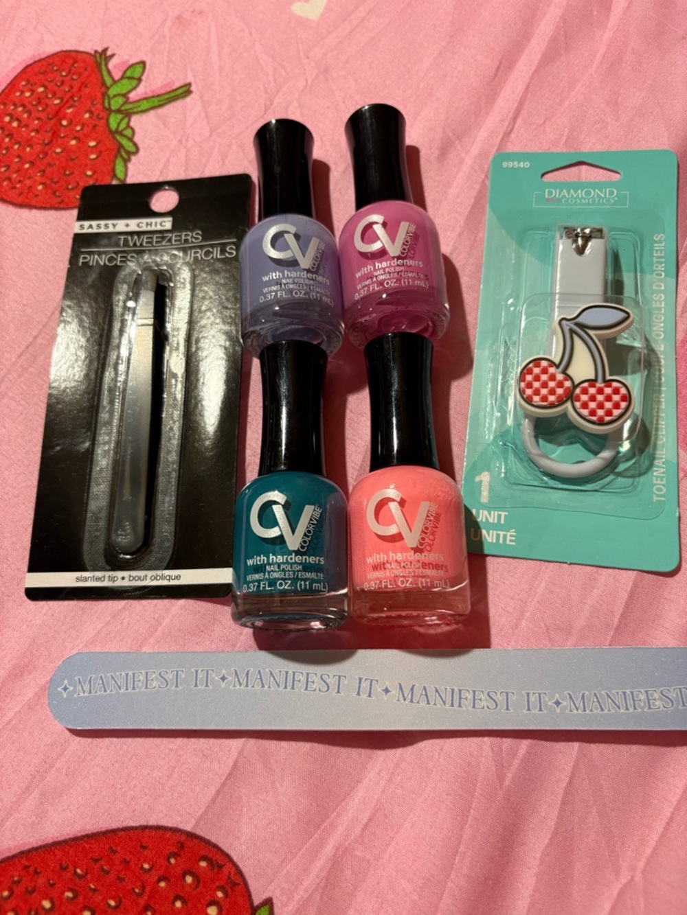 CV Nail Polish 4-Pack + Tweezers & Nail Accessories - Pink, Purple, Teal, Coral
